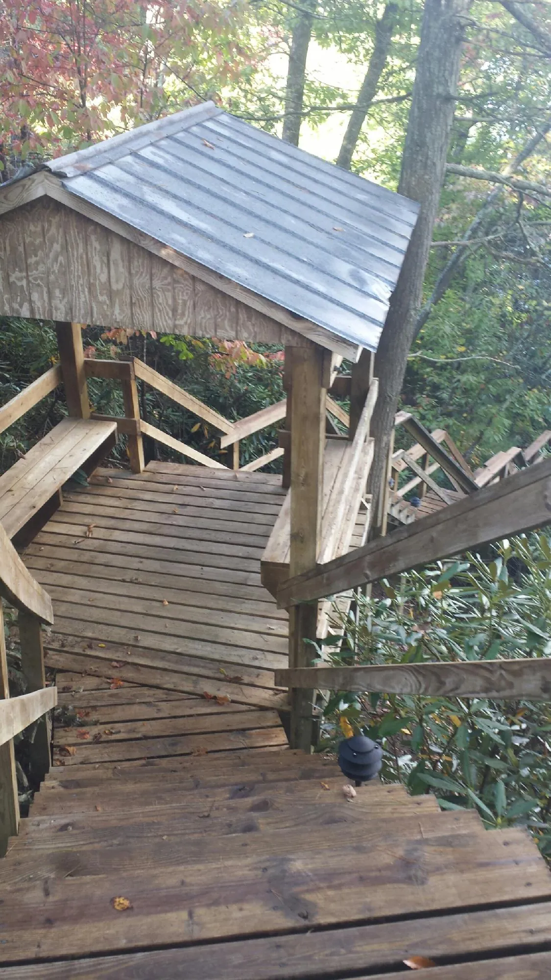 Metal roofed shelter over wooden steps on a wooded walkway — Skylight Repair & Installation work by our crew in Alvarado